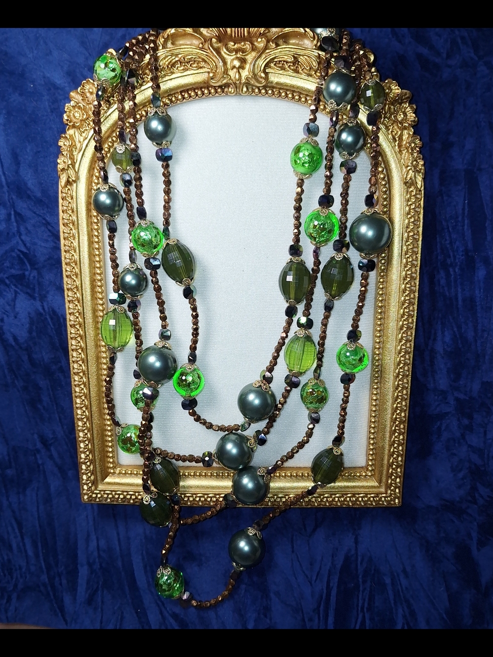 Vintage Vendome Green Foil Glass Beads & Pearl Lucite 4-Strand Necklace